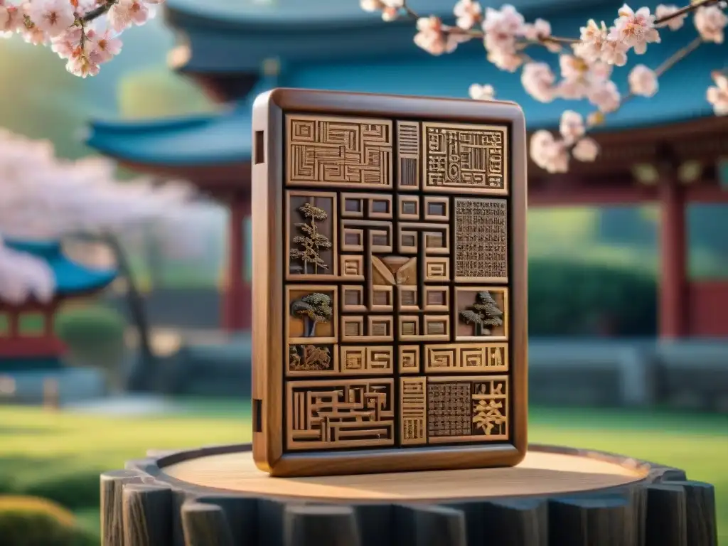 Un elegante rompecabezas Sangaku matemático Japonés tallado en madera, rodeado de árboles de cerezos en flor y un templo sereno