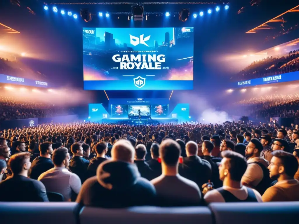 La emoción palpita en el aire del estadio de esports lleno de fans entusiastas en un torneo Battle Royale de alto nivel