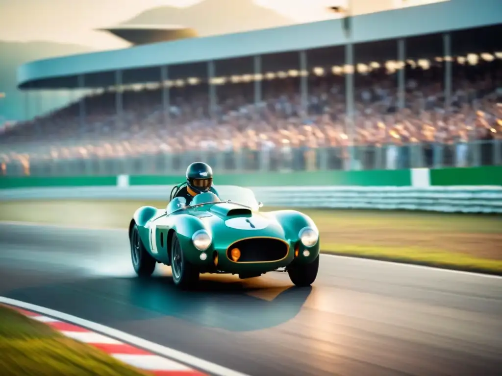 Emoción del automovilismo en América Latina: auto de carreras vintage en pista histórica, fans aplaudiendo, velocidad y pasión