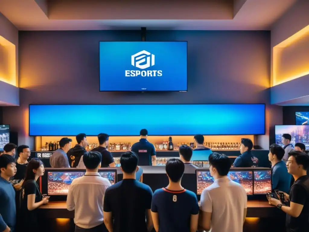 La emoción de un bar de eSports en Seúl, Corea del Sur, con estaciones de juego, luces neón y una multitud diversa de entusiastas jugadores