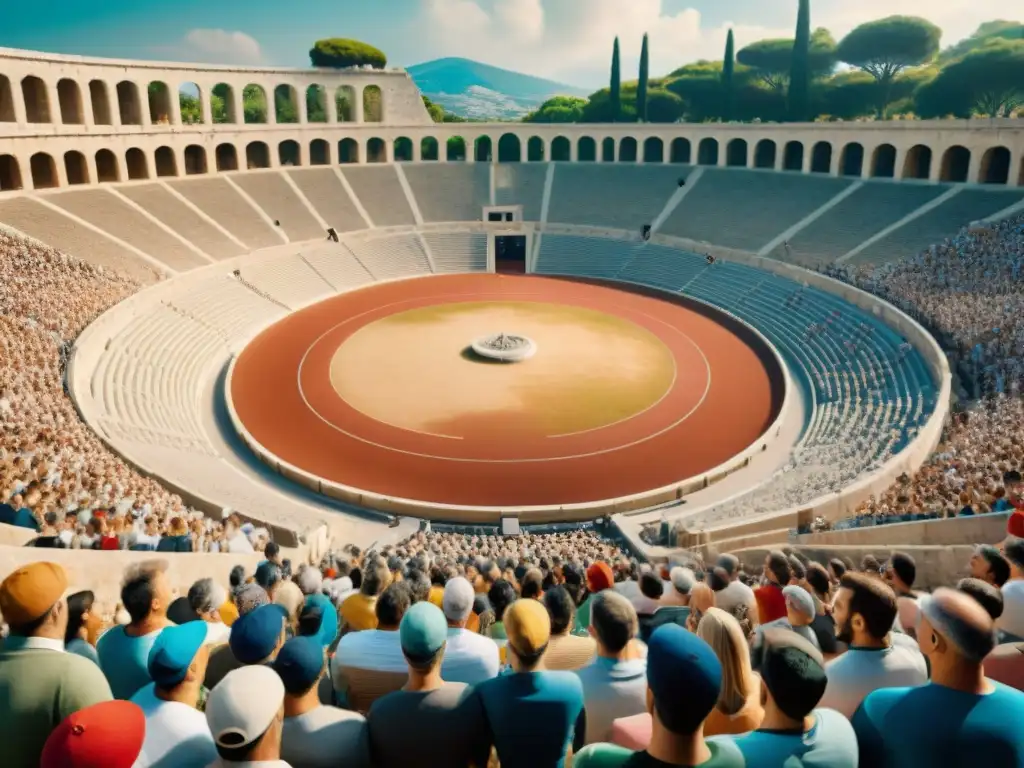 La emoción de la competencia en un estadio griego antiguo: historia, juegos, deportes, evolución y cultura se entrelazan en esta vibrante escena