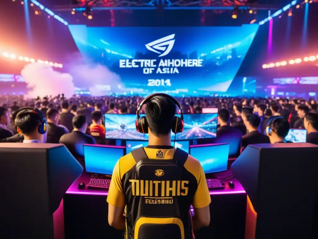 La emoción de vivir los Destinos eSports Asia en una arena vibrante y colorida, con entusiastas del juego concentrados y espectadores emocionados