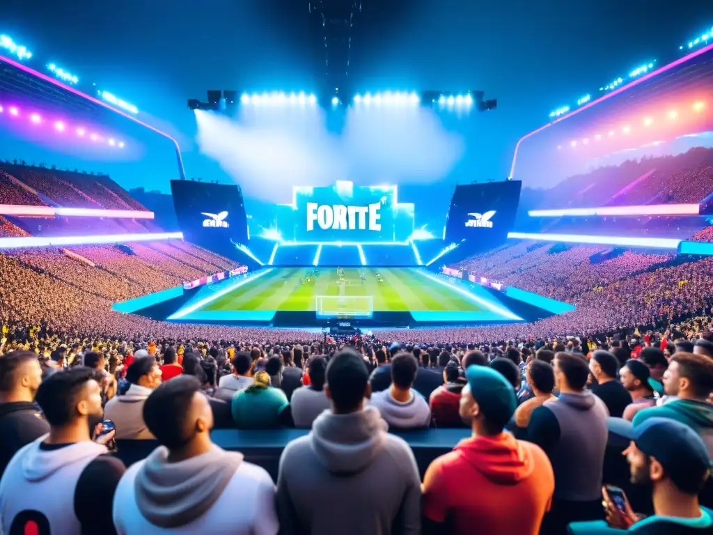 La emoción se desborda en el estadio durante la final del Fortnite World Cup, con jugadores concentrados y fanáticos entusiastas ondeando banderas