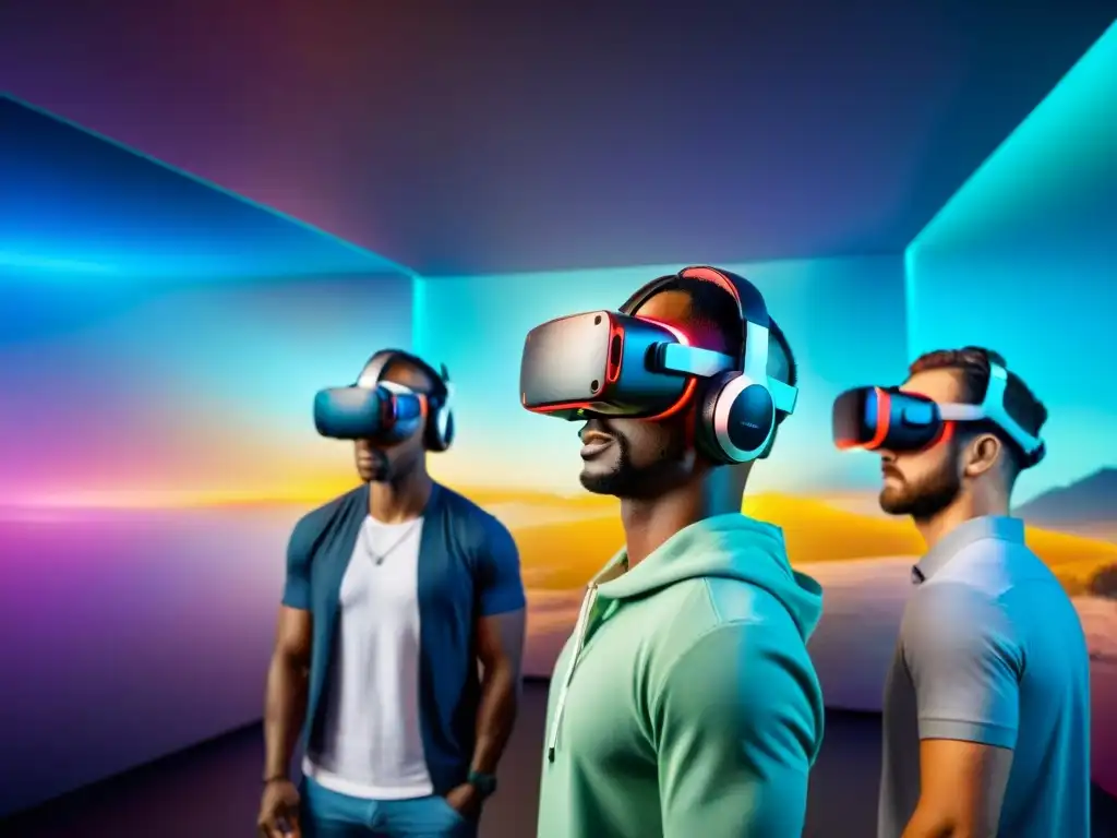 Experimenta la emoción de la realidad virtual en videojuegos: gamers inmersos en un mundo futurista vibrante y tecnológico