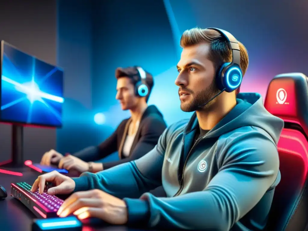 Experimenta la emoción de jugar en red 5G con gamers enfocados y gadgets futuristas