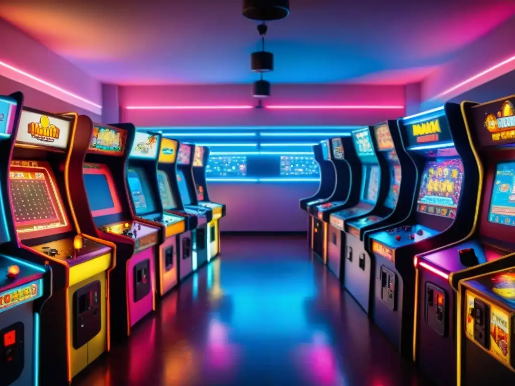 Emocionante arcade de los años 80 con juegos clásicos y luces neón, evocando la evolución del software de juegos