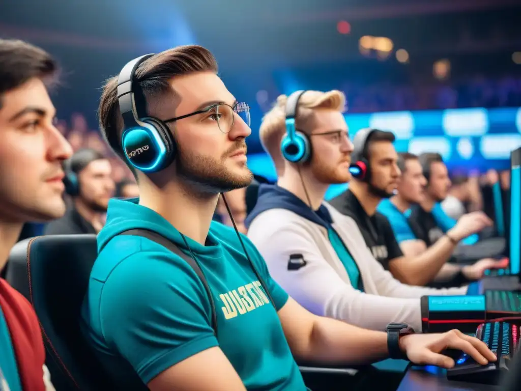 Una emocionante arena de eSports inclusivos, con jugadores de diferentes edades y géneros compitiendo intensamente