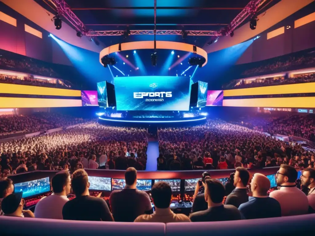 Una emocionante arena de eSports llena, con jugadores enfocados y luces neón coloridas, transmitiendo la historia de la tecnología en torneos