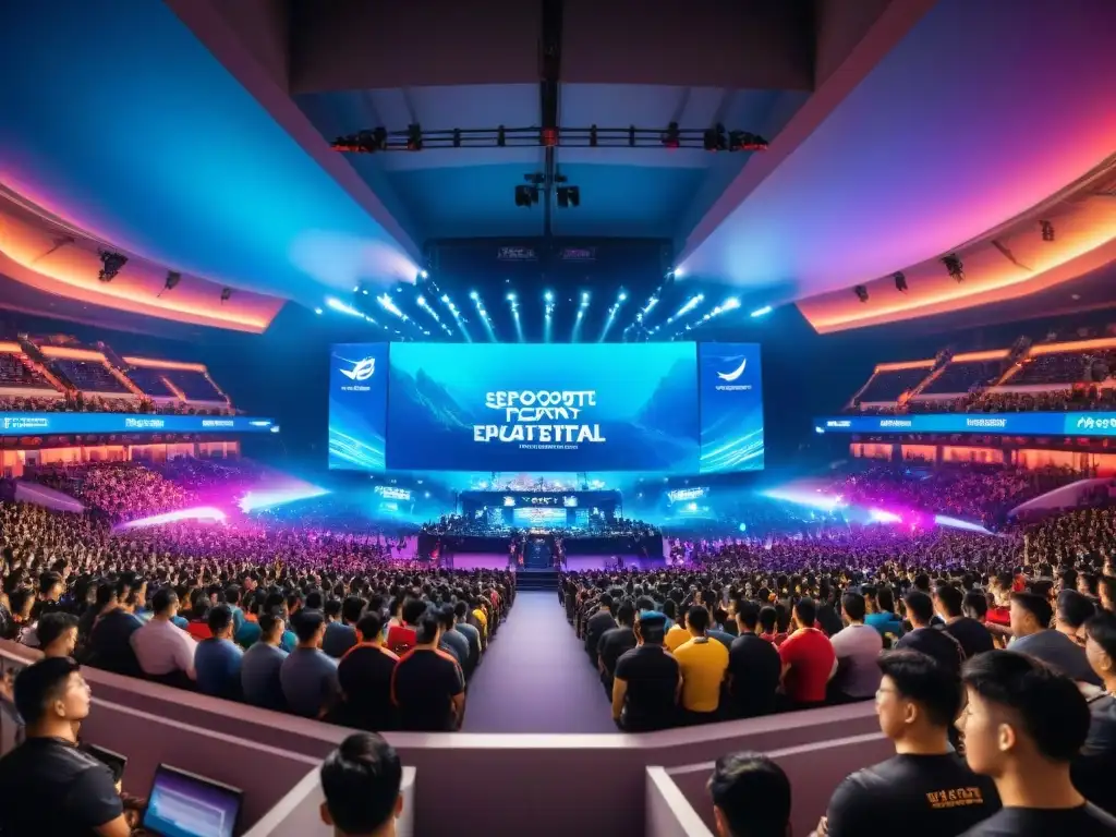 Una emocionante arena de eSports en Asia, llena de luces de neón y público diverso, reflejando la cultura y competitividad de los eSports en la región