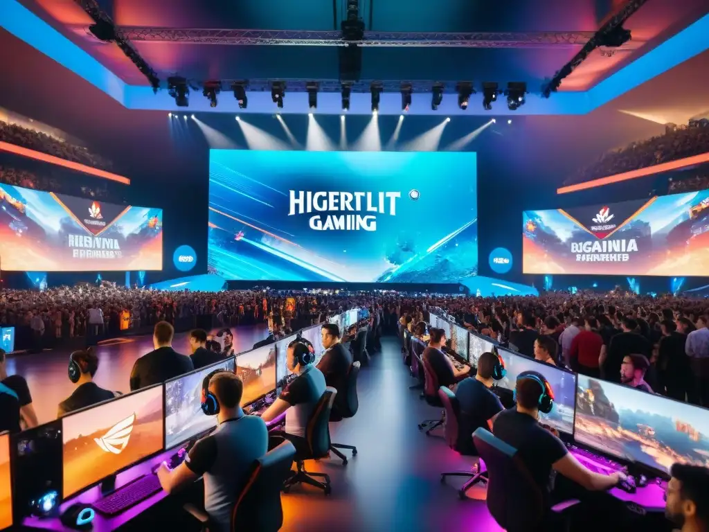 Emocionante arena de eSports llena de fans entusiastas y jugadores profesionales concentrados