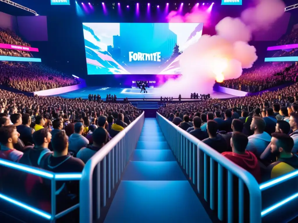 Emocionante arena en la final del Fortnite World Cup, reflejando la historia de juegos, deportes y cultura mundial