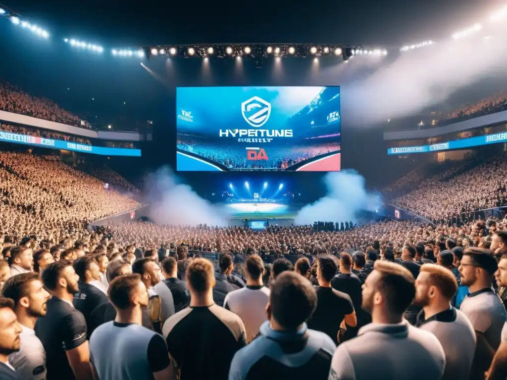 Una emocionante batalla de eSports a nivel mundial con fans entusiastas y equipos profesionales de CounterStrike compitiendo en un estadio lleno