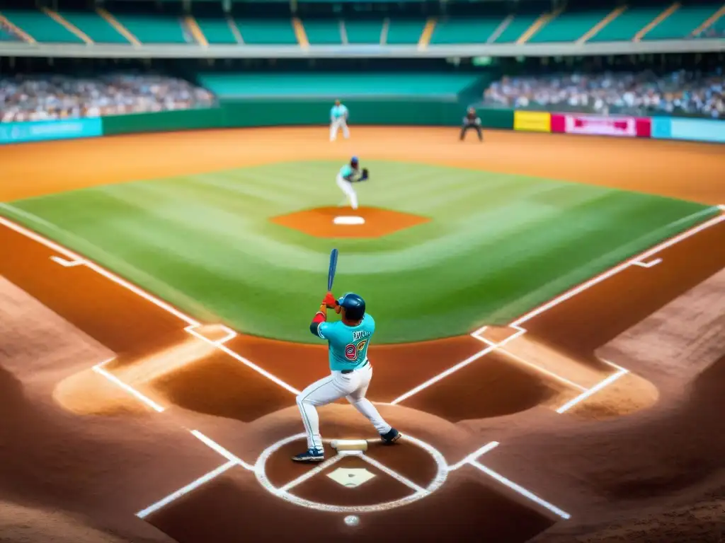 Emocionante evolución del béisbol en culturas latinoamericanas, con jugadores y aficionados vibrantes en un campo de juego colorido
