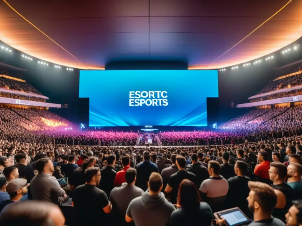 Emocionante campeonato de eSports históricos con multitud vibrante y jugadores concentrados en primer plano