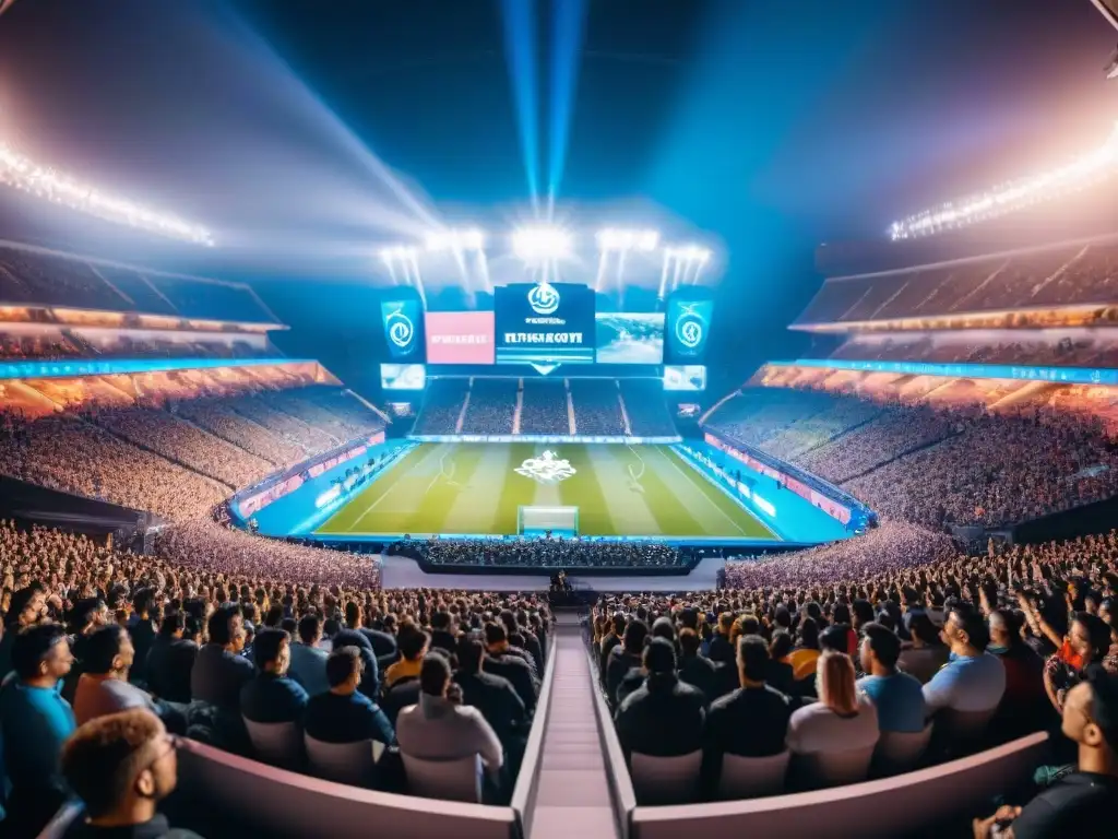 Emocionante campeonato de eSports con impacto en marketing: estadio lleno, luces brillantes y público diverso animando apasionadamente