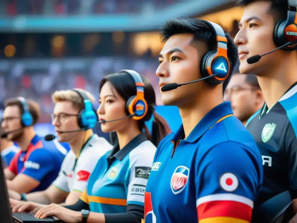 Un emocionante campeonato global de eSports con jugadores de diversas culturas concentrados en sus partidas, rodeados de fans entusiastas