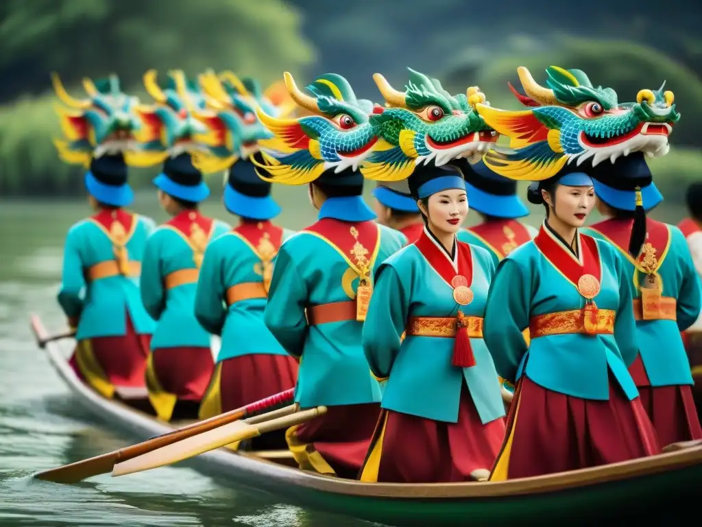 Emocionante carrera de barcos dragón china con equipos en uniformes ancestrales coloridos significando su riqueza cultural