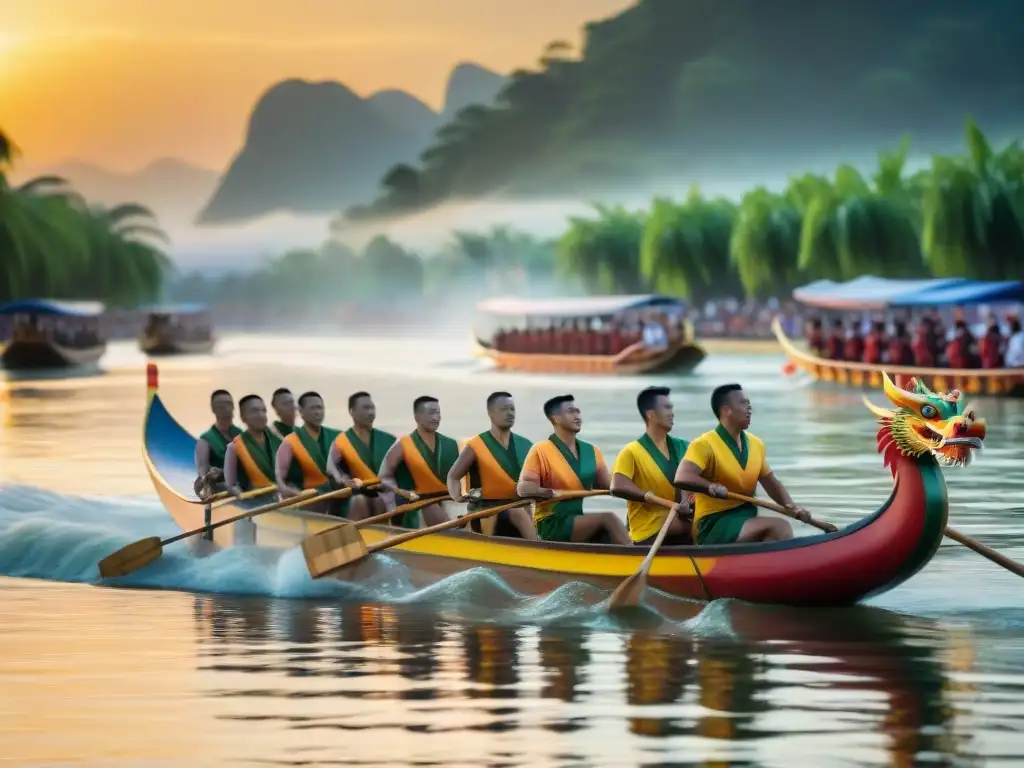 Una emocionante carrera de barcos dragón en un río sereno, destacando los colores vibrantes y la sincronización de los equipos