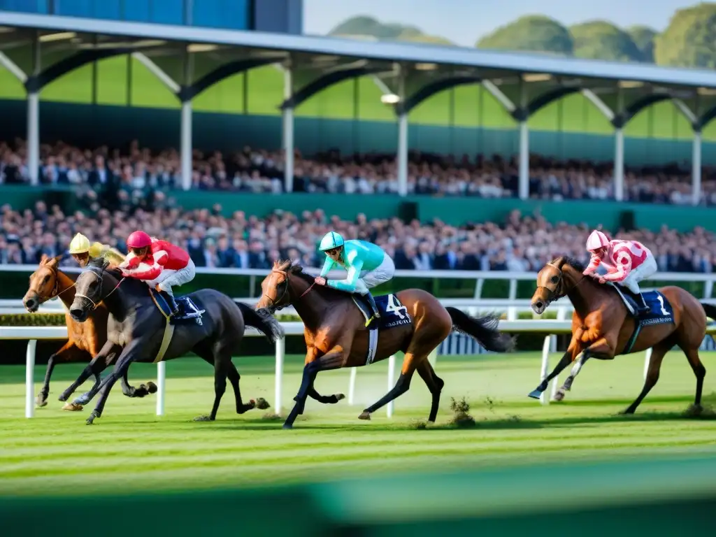 Emocionante carrera de caballos en Ascot, Europa, jockeys en colores vibrantes y espectadores elegantes