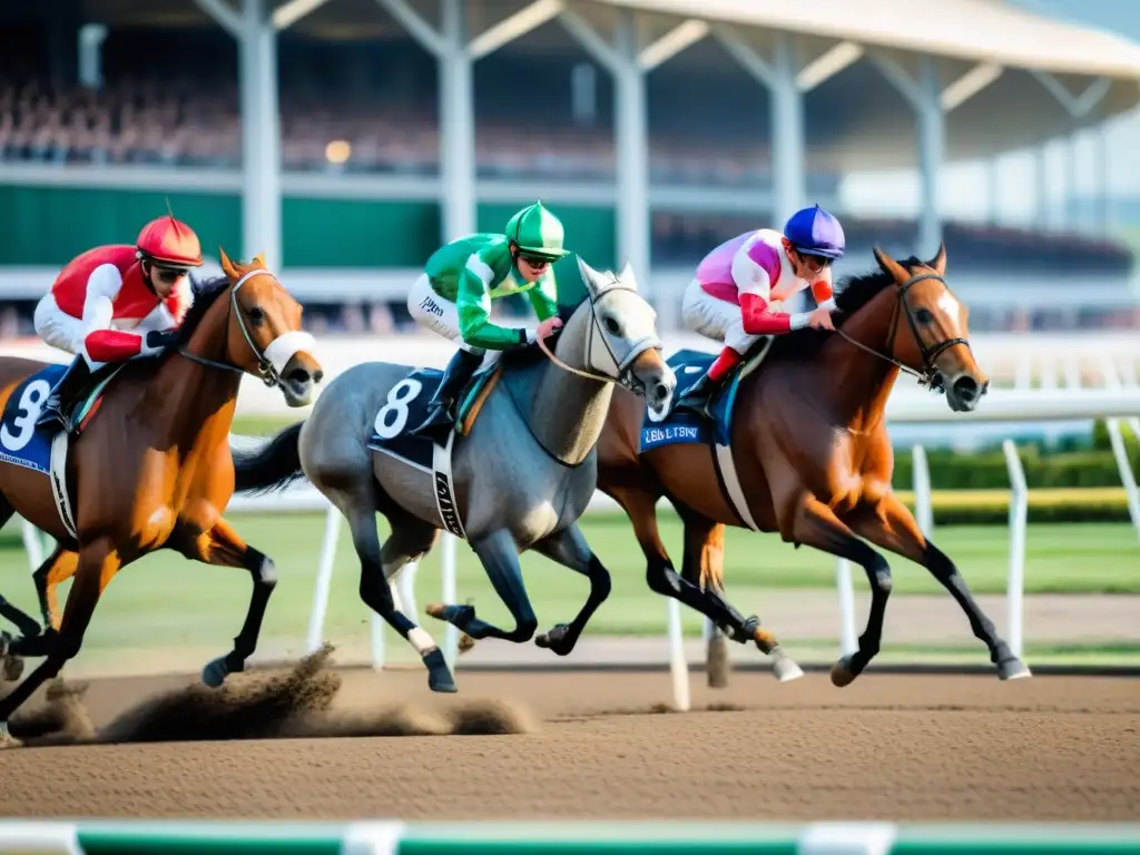 Emocionante carrera de caballos en Europa: jockeys en coloridos atuendos galopan en una pista histórica