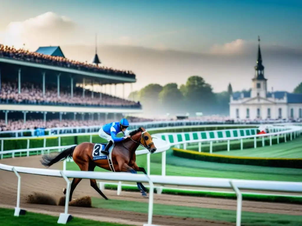 Emocionante carrera de caballos en Europa con nobles espectadores y jinetes en el hipódromo histórico