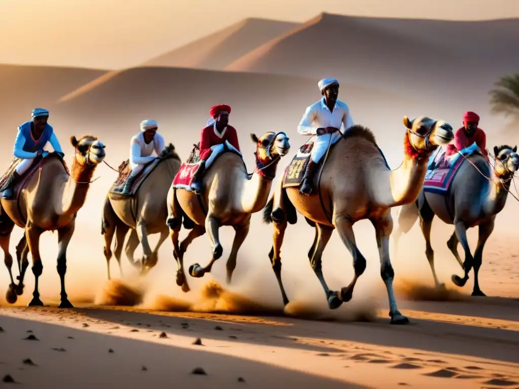 Emocionante carrera de camellos en el desierto africano al atardecer, con multitud vibrante y polvo levantado