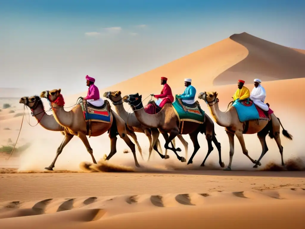 Emocionante carrera de camellos en el desierto africano con una multitud diversa y colorida animando