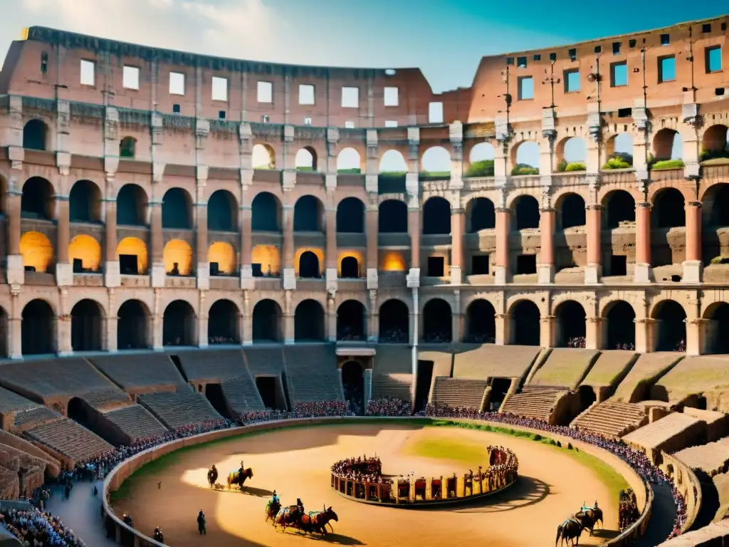 Emocionante carrera de cuadrigas en el bullicioso Coliseo romano, con espectadores animados y la grandiosa arquitectura del antiguo escenario