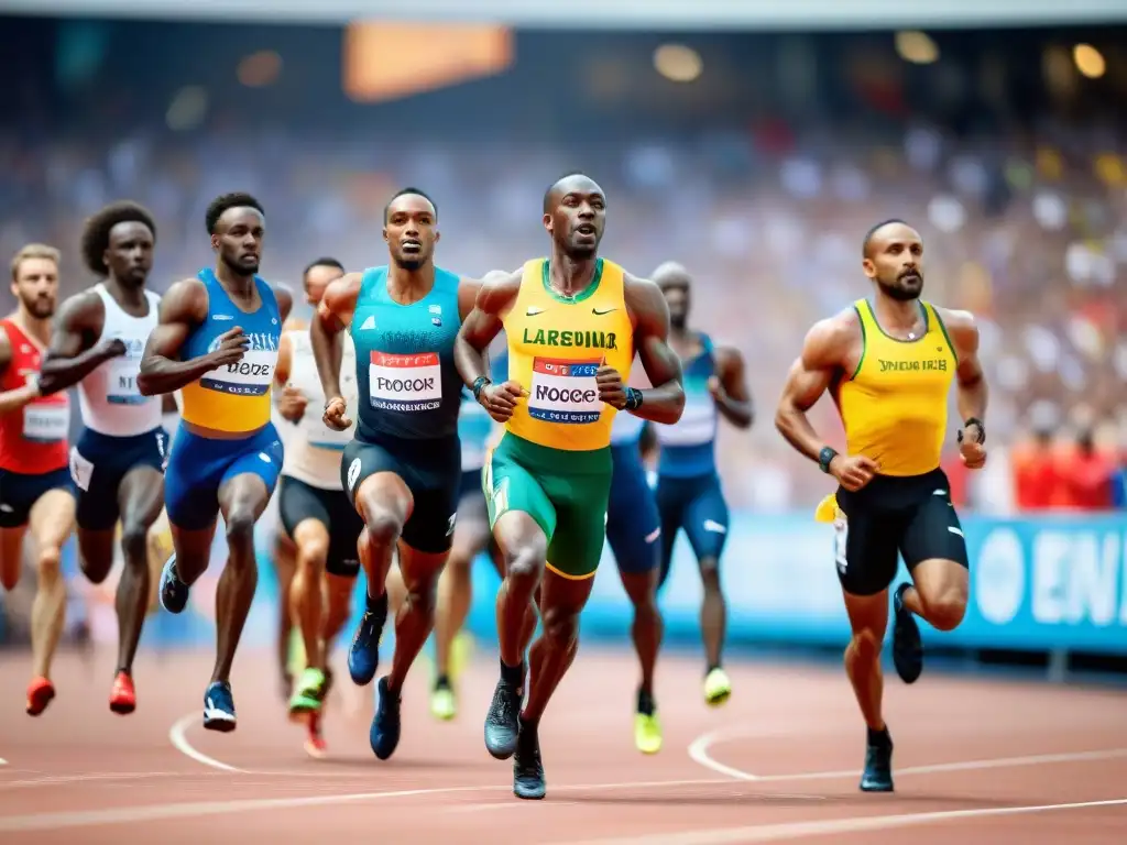 Emocionante carrera de relevos en África: atletas determinados y vibrante estadio repleto de espectadores