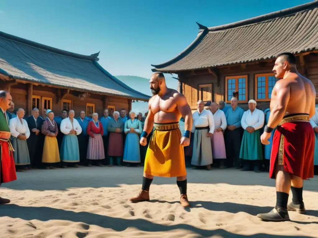 Un emocionante combate de lucha tradicional en Europa del Este, con coloridos trajes y expresiones intensas, en una plaza soleada