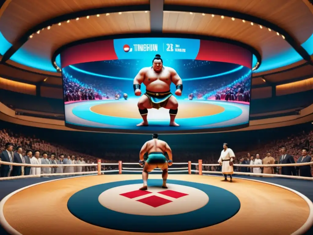 Un emocionante combate de sumo japonés en un estadio de eSports futurista, fusionando tradición y tecnología en Japón