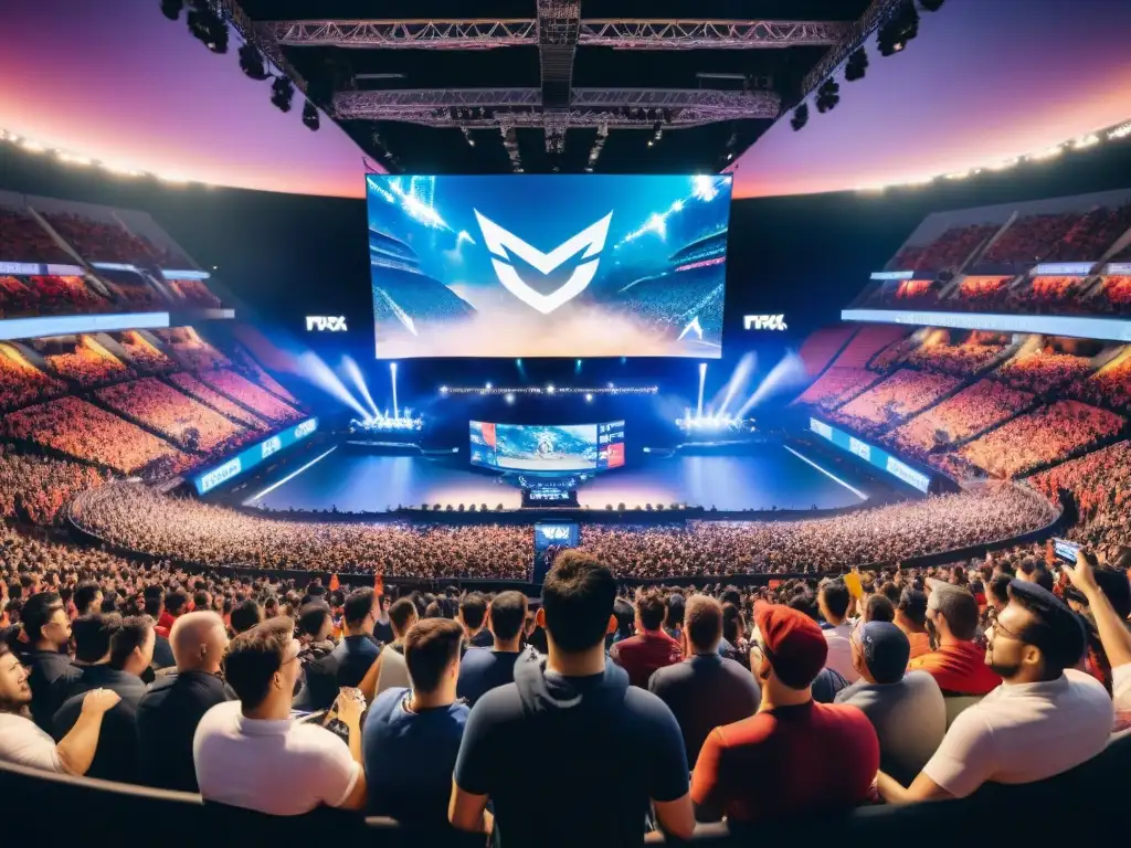 Una emocionante competencia de eSports en un estadio lleno de fanáticos apasionados, con la palabra clave 'Origen eSports: revolución digital juegos'