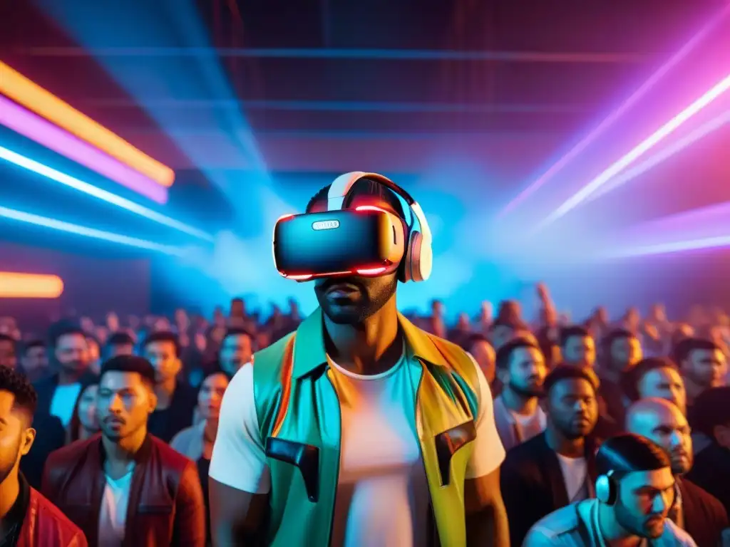 Un emocionante concierto de realidad virtual con un ídolo pop futurista y una audiencia hipnotizada, creando una atmósfera de cultura pop en videojuegos