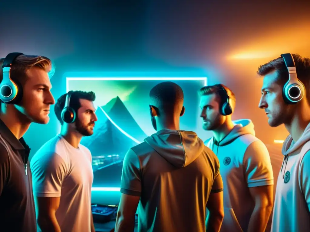 Competencia y camaradería: Reto de speedrun en la comunidad gamer Un emocionante desafío de speedrun en un cuarto lleno de energía y determinación, con jugadores intensos y consolas de videojuegos en las paredes