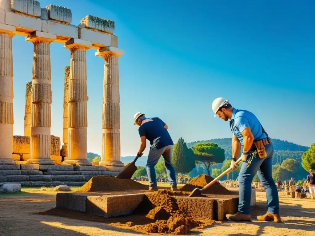 Emocionante descubrimiento juegos olímpicos antiguos en Olympia, Grecia, con arqueólogos excavando y el Templo de Zeus de fondo