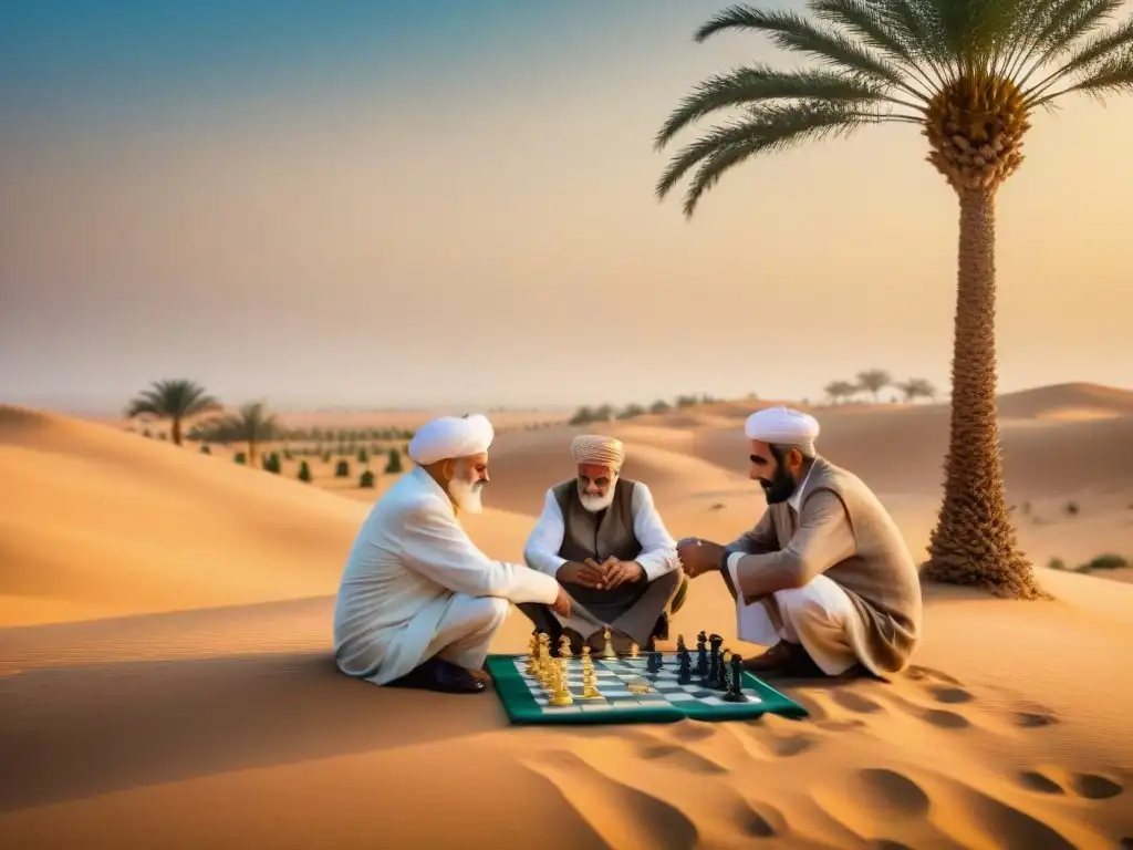 Un emocionante duelo de ajedrez entre hombres mayores en trajes tradicionales del Medio Oriente bajo una palmera centenaria en el desierto