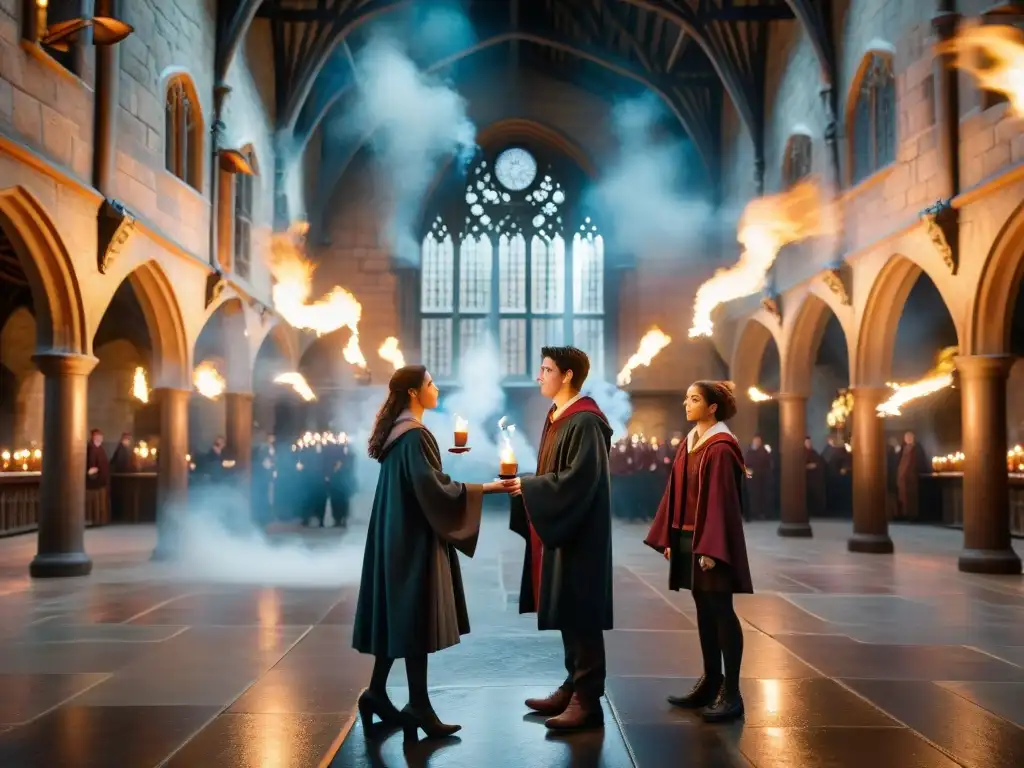 Emocionante duelo de hechizos en el Gran Salón de Hogwarts, con estudiantes lanzando conjuros en un despliegue mágico de destreza