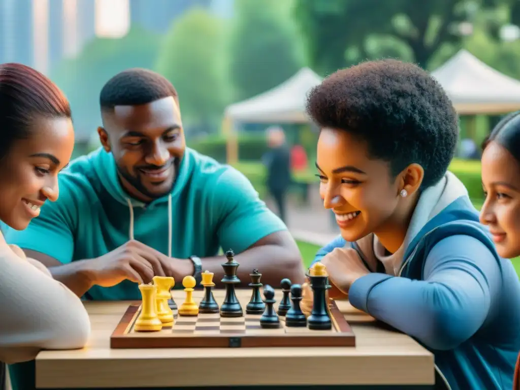 Un emocionante encuentro de ajedrez en un parque urbano, con niños de diversas culturas concentrados en el juego