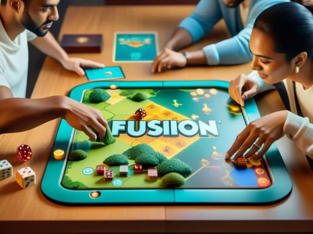 Un emocionante encuentro de amigos jugando juegos de tablero en versión digital, fusionando lo clásico con lo moderno