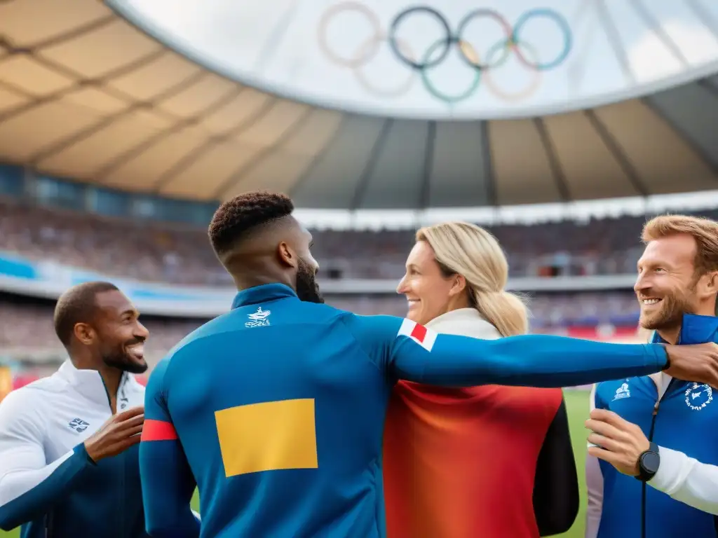 Atletas europeos unidos en espíritu olímpico Un emocionante encuentro de atletas europeos en los Juegos Olímpicos, simbolizando la unidad y el impacto de este evento en Europa