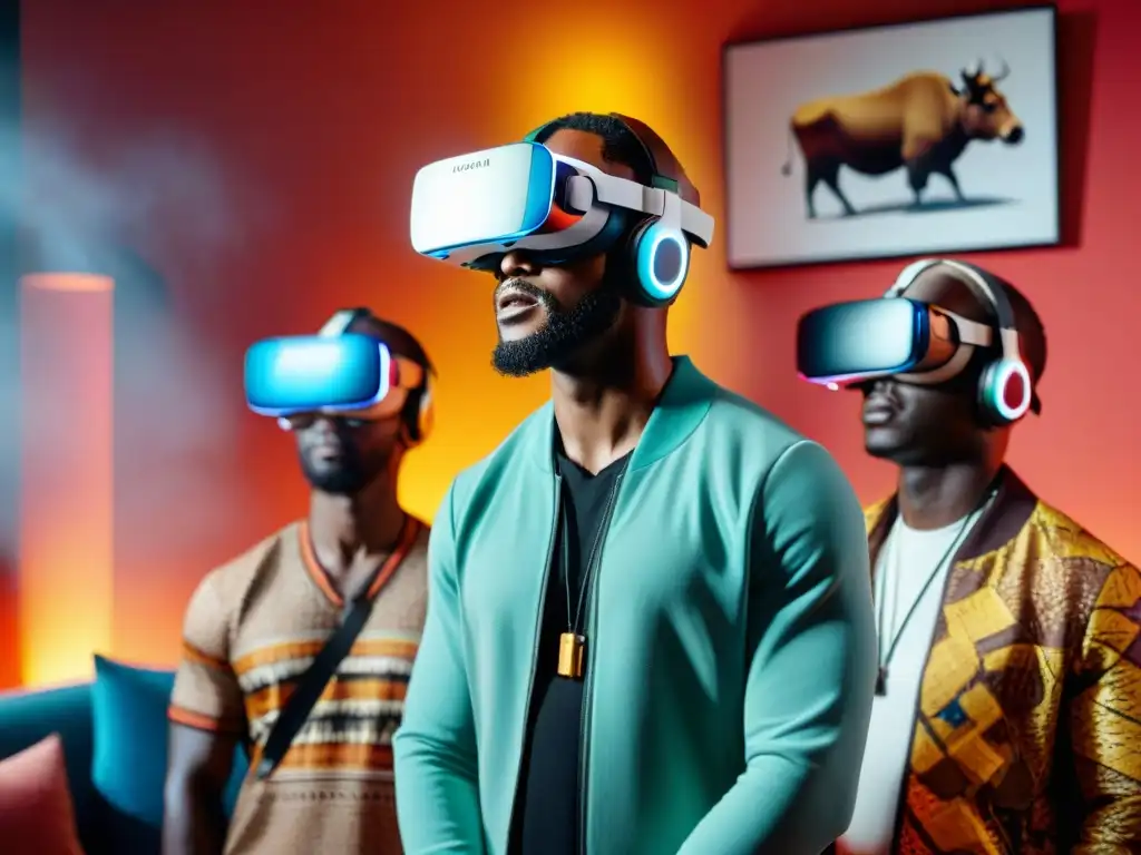 Un emocionante encuentro de desarrolladores de juegos africanos en realidad virtual, fusionando tradición y tecnología en un vibrante espacio soleado