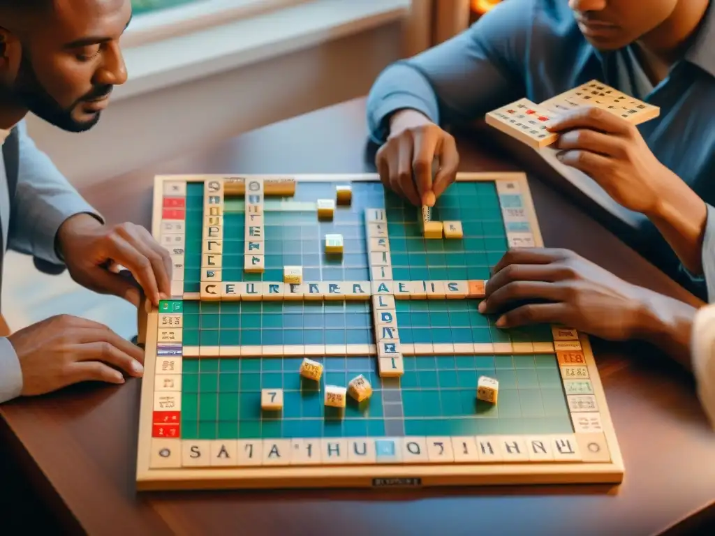 Un emocionante encuentro multicultural alrededor de un tablero de Scrabble internacional en una sala de estar acogedora