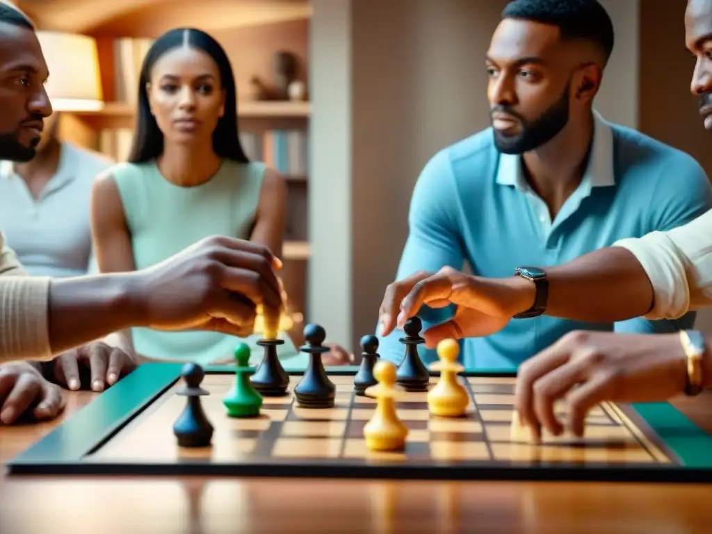 Intensa estrategia y colaboración en juego de mesa Un emocionante encuentro de personas de diversas edades y orígenes concentradas en un juego de mesa estratégico en una acogedora sala de estar