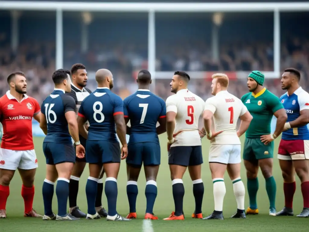 Un emocionante encuentro prepartido entre jugadores de rugby de diversas culturas, vistiendo atuendos tradicionales