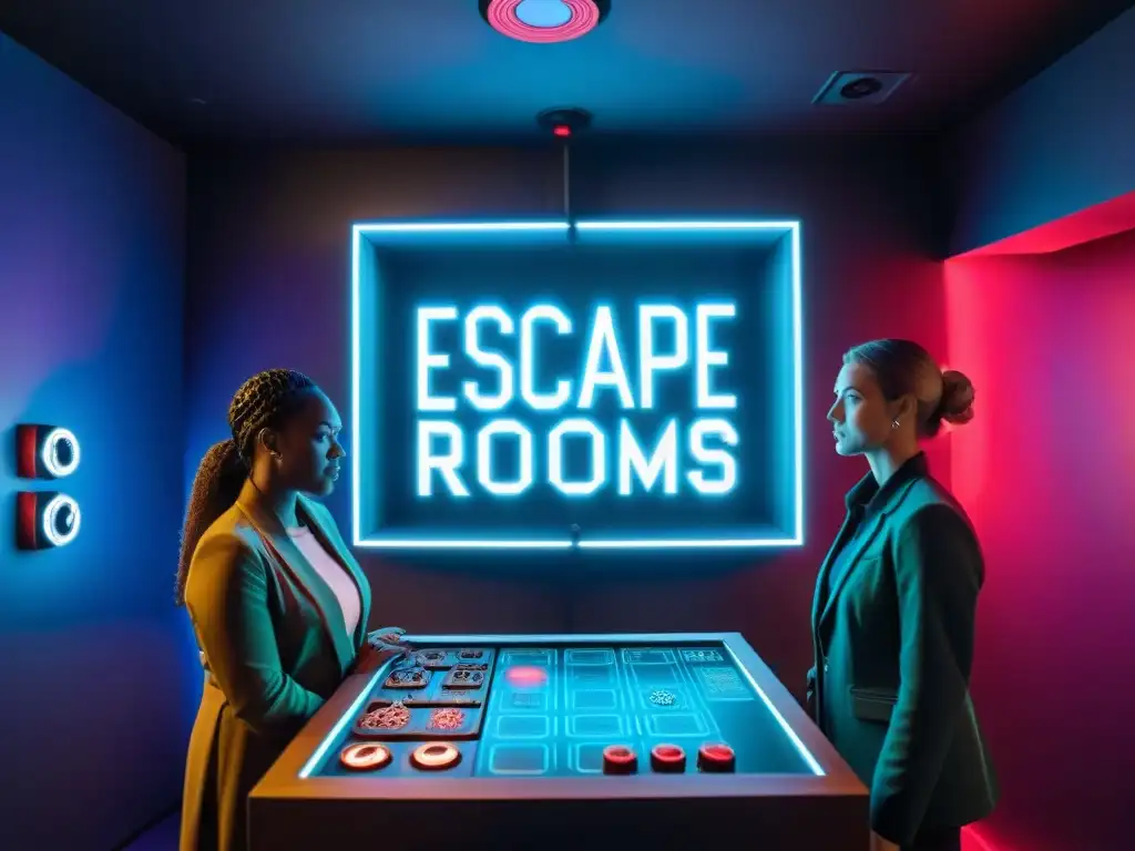 Un emocionante escape room futurista con diversidad de personas resolviendo intrincados acertijos y desbloqueando pistas ocultas