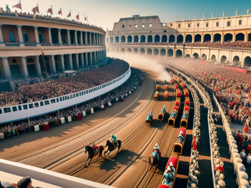 Emocionante escena de carreras de cuadrigas en Roma, con colores vibrantes y multitudes animadas