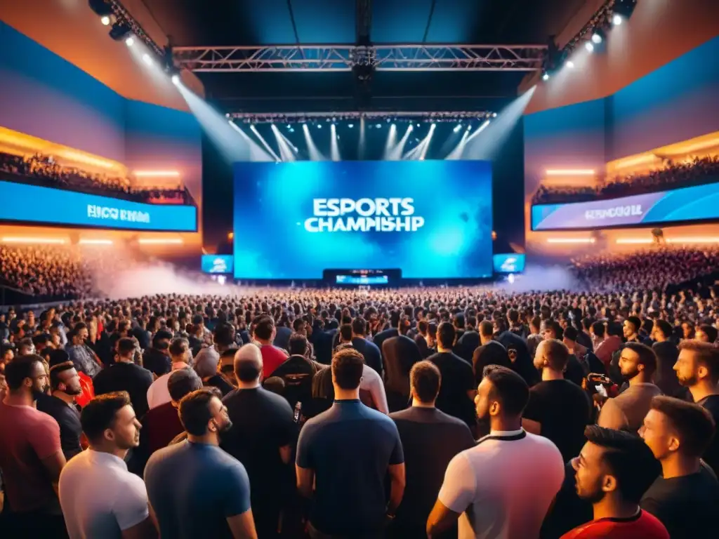 Emocionante escena de eSports con jugadores concentrados en sus pantallas, luces LED coloridas y un público diverso aplaudiendo