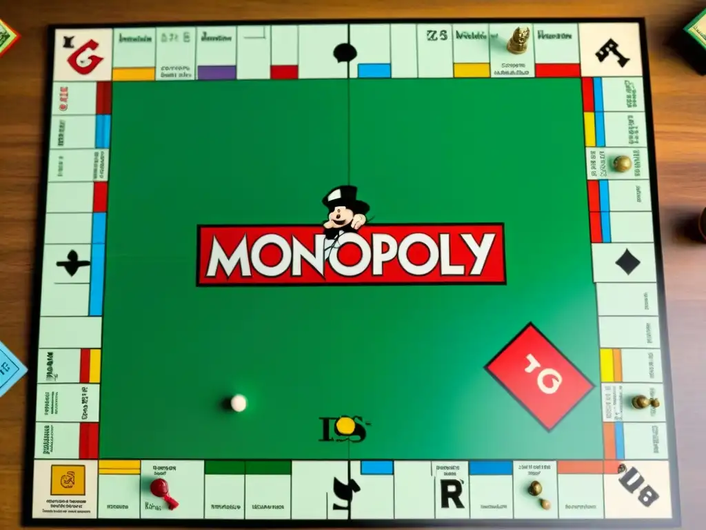 Emocionante juego de Monopoly vintage rodeado de clásicos Emocionante escena de jugadores inmersos en una partida de Monopolio vintage, rodeados de historia y evolución de juegos de mesa