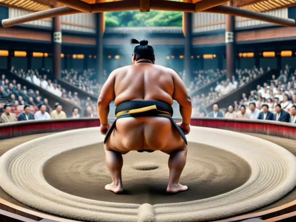 Emocionante escena de lucha de Sumo en Japón antiguo, Yokozuna en un intenso enfrentamiento en el ring tradicional