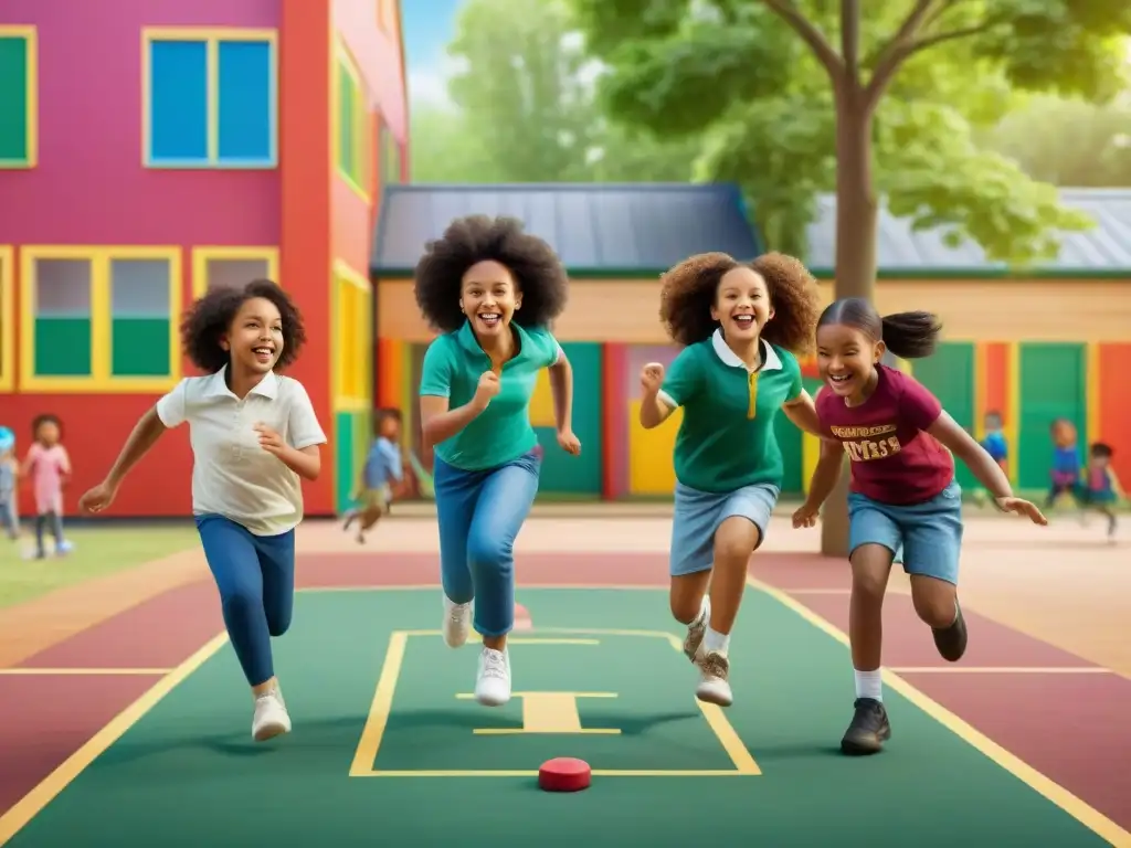 Emocionante escena de niños disfrutando de juegos tradicionales en el patio escolar, reflejando los Principios universales en juegos tradicionales